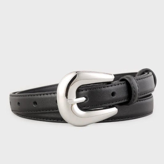 Leather Belt with Silver Buckle by Trendsi