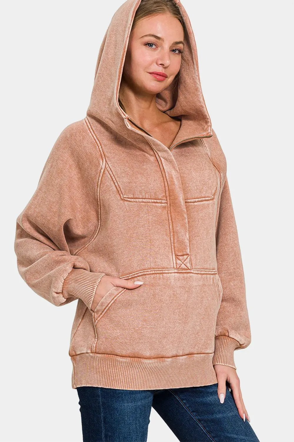 Zenana Acid Wash Fleece Kangaroo Hoodie by Zenana