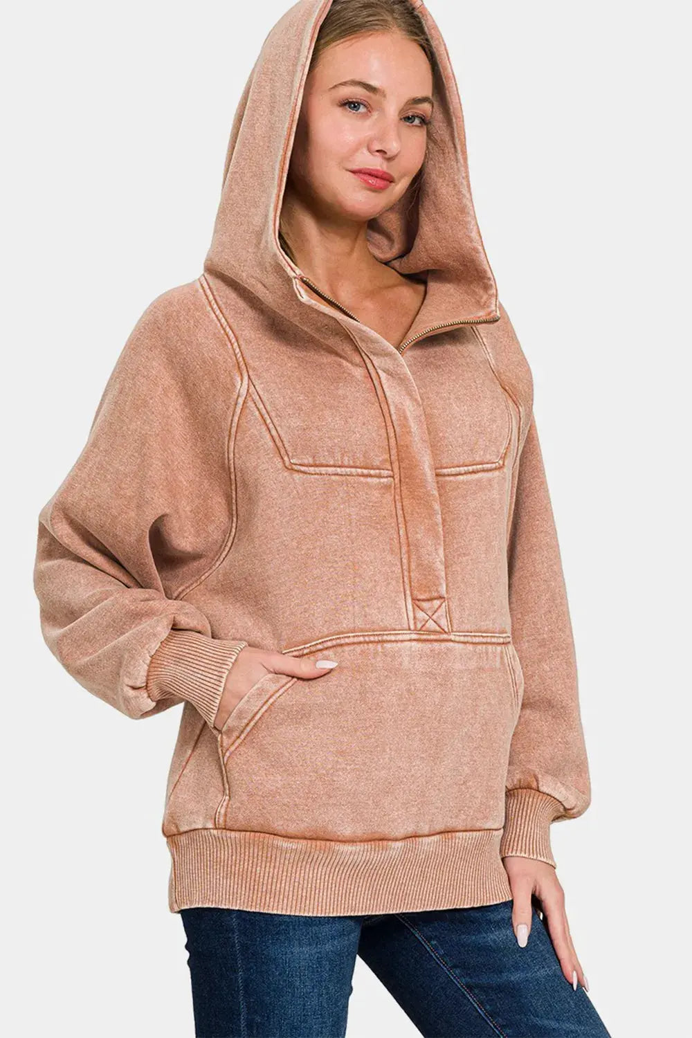 Zenana Acid Wash Fleece Kangaroo Hoodie by Zenana