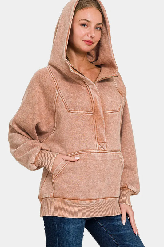 Zenana Acid Wash Fleece Kangaroo Hoodie by Zenana