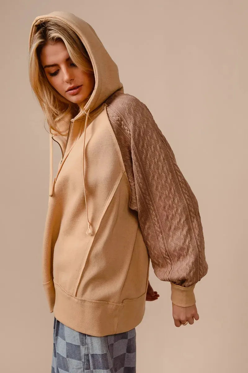 BiBi Half Zip French Terry Hoodie with Kint Sleeves by BiBi