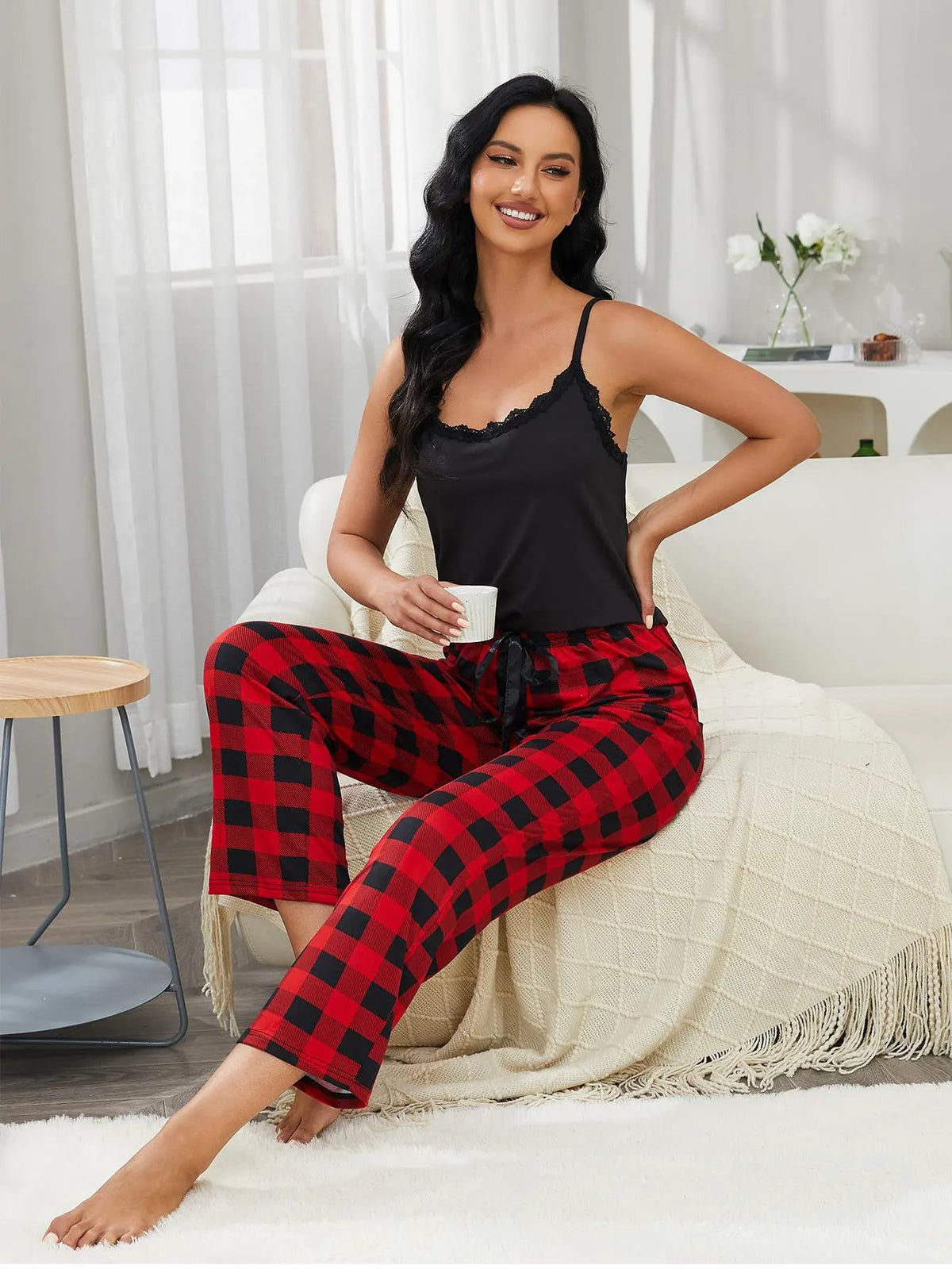 Lace Trim Cami and Plaid Pants Lounge Set by Partner Label