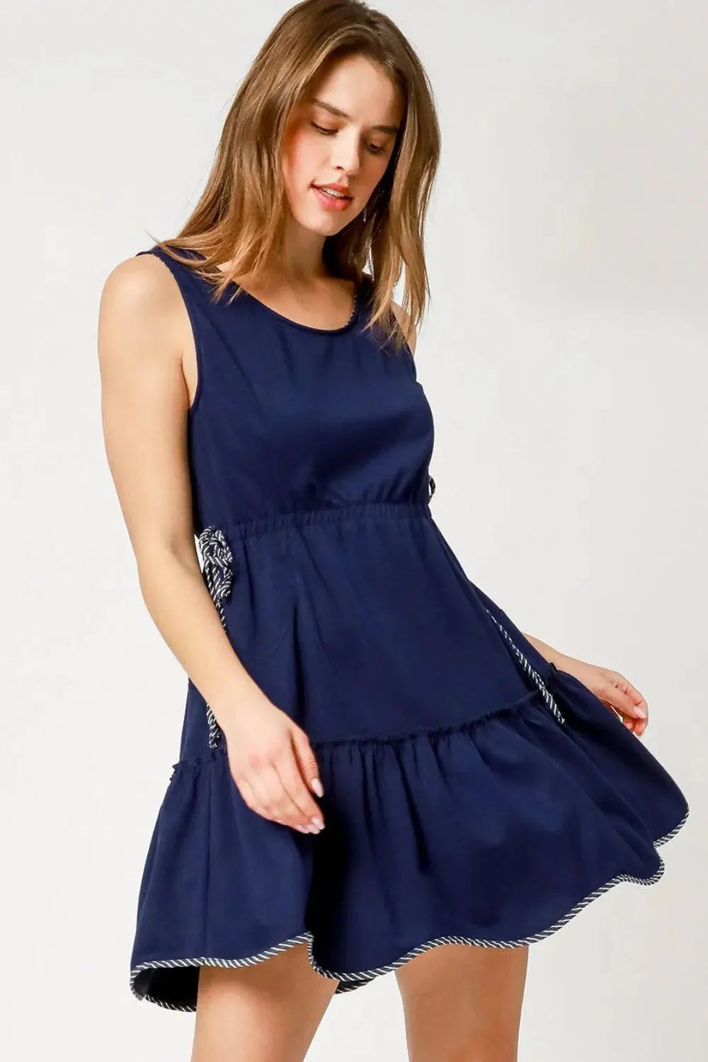 Umgee Frill Drawstring Waist Round Neck Mini Tank Dress by Umgee