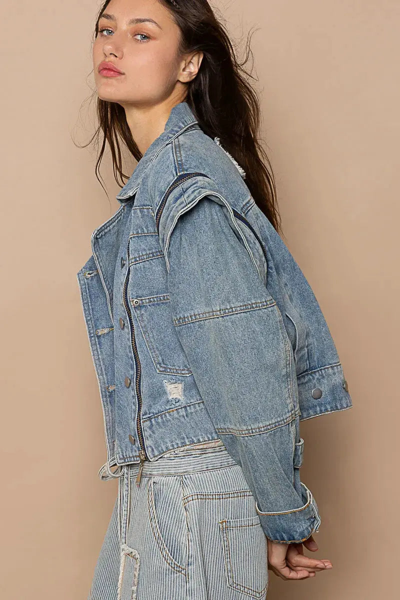 POL Cropped Denim Jacket with Functional Zipper Detail by POL