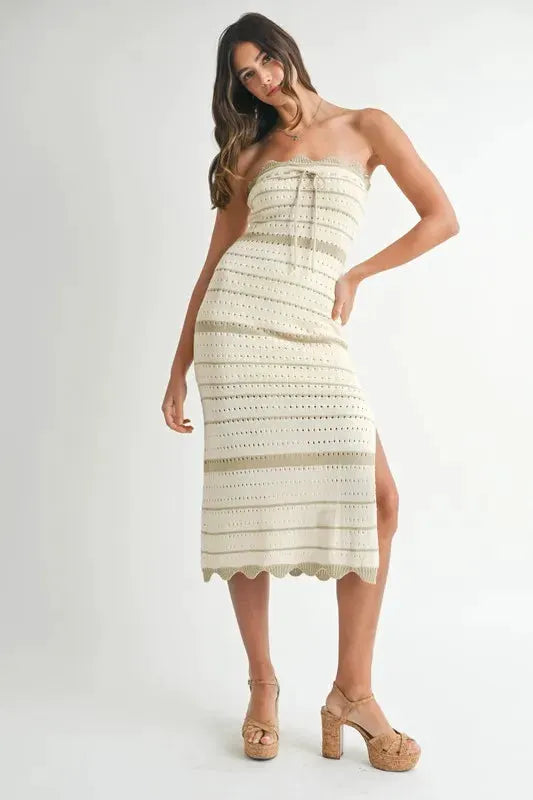 MABLE Contrast Striped Crochet Knit Midi Dress by MABLE