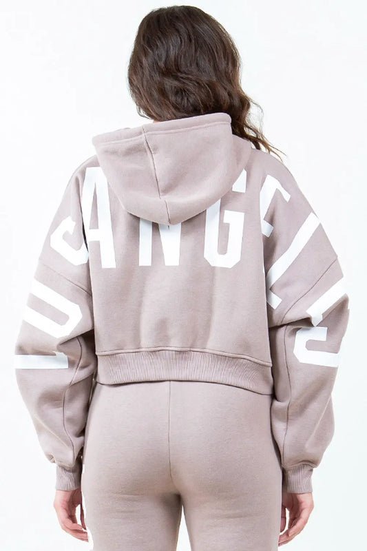 American Bazi Letter Graphic Long Sleeve Drawstring Cropped Hoodie by American Bazi