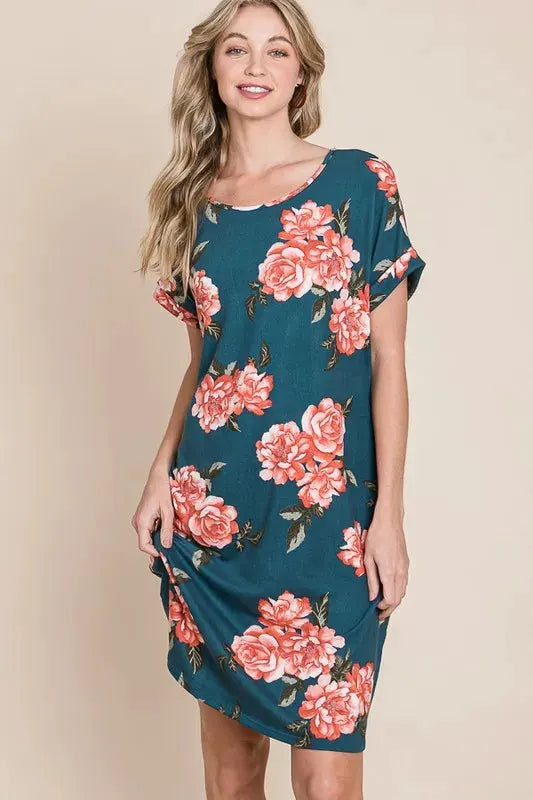 BOMBOM Floral Round Neck Short Tee Dress with Pockets by BOMBOM
