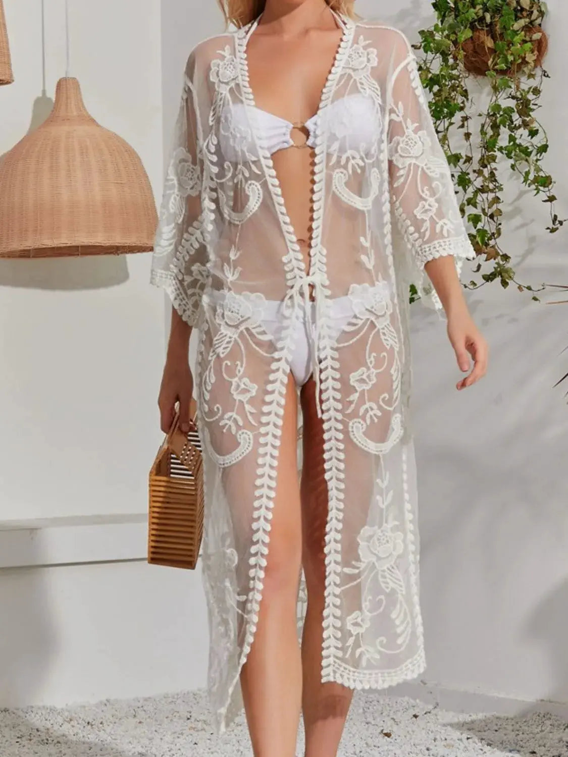 Lace Detail Open Front Longline Cover-Up by Partner Labels