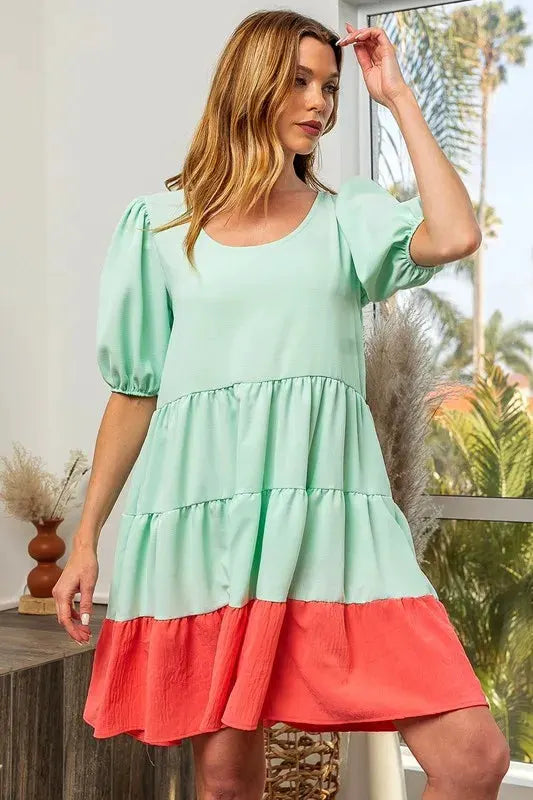 BiBi Two-Tone Balloon Sleeves U Neck Tiered Ruffle Hem Mini Dress by BiBi