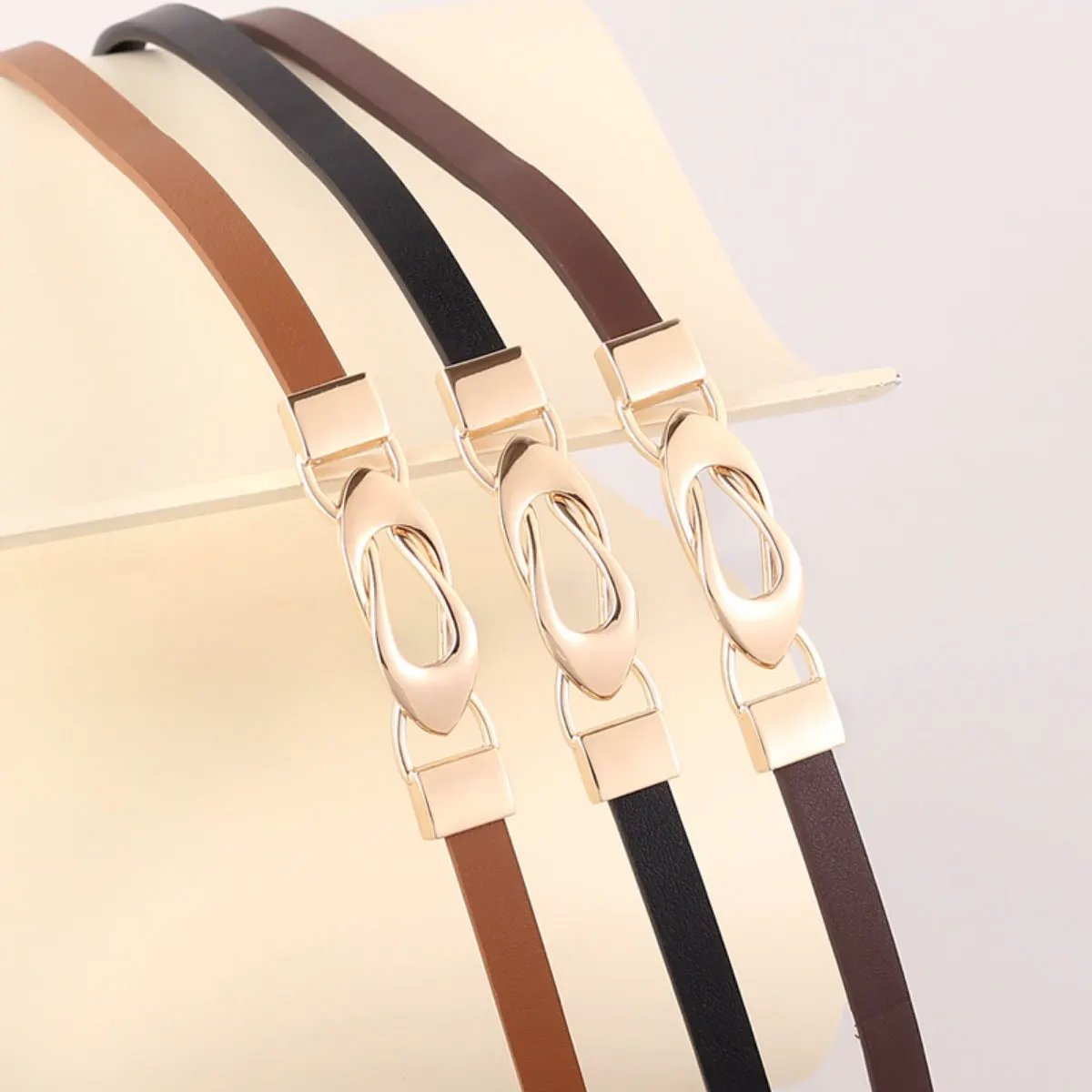 Skinny Leather Belt with Interlocking Buckle by Trendsi