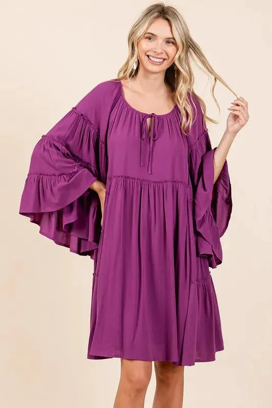 Mittoshop Frill Tie Neck Bell Sleeve Dress by Mittoshop