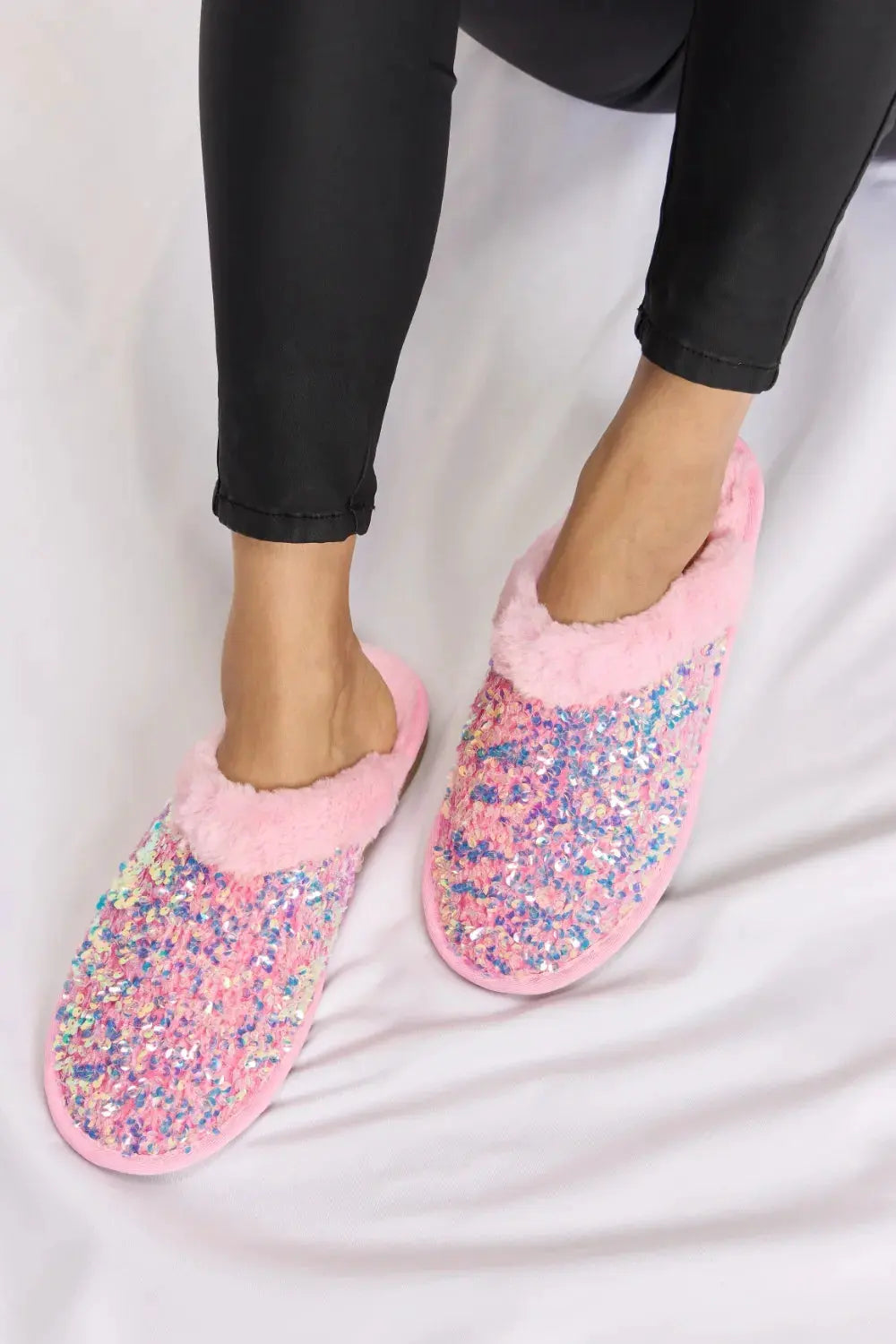Forever Link Sequin Plush Round Toe Slippers by Forever Link