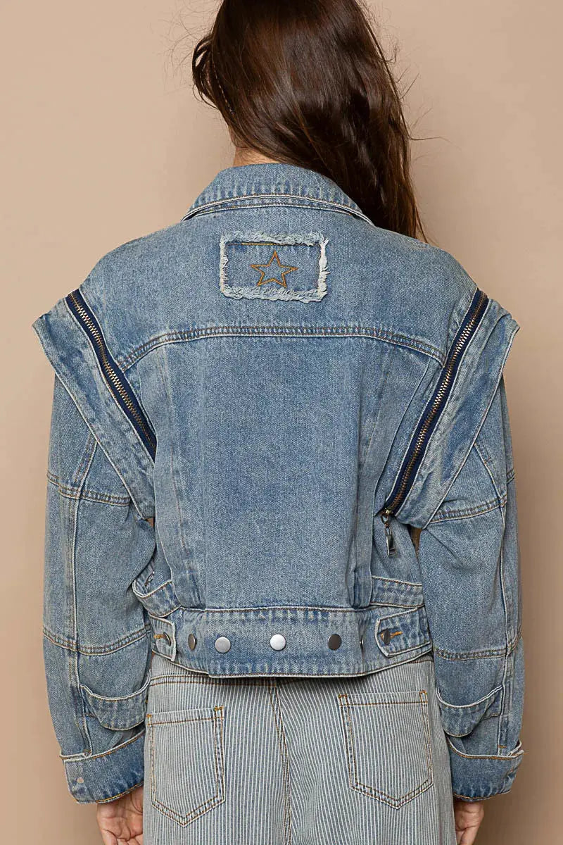 POL Cropped Denim Jacket with Functional Zipper Detail by POL