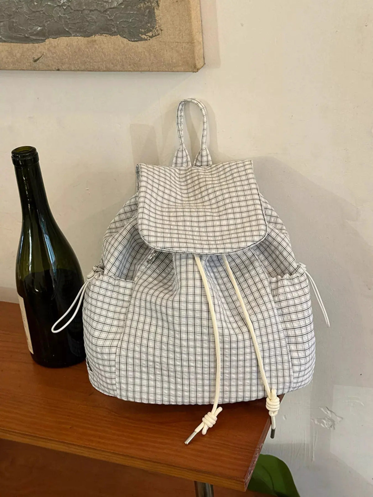 Plaid Drawstring Closure Backpack Bag by Partner Label