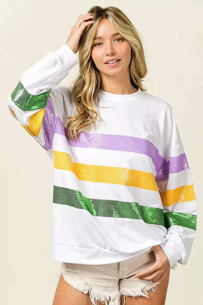BiBi Sequin Mardi Gras Striped Round Neck Sweatshirt by BiBi