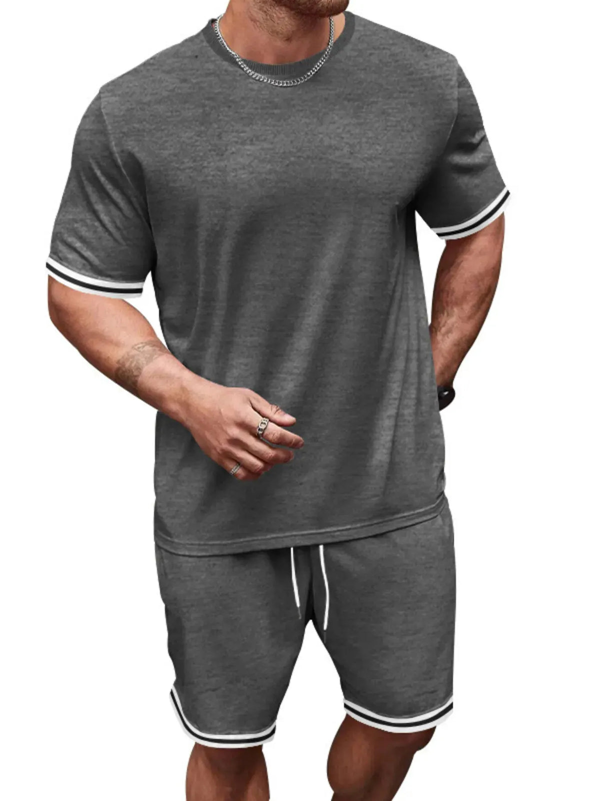 Men's Full Size Striped Short Sleeve Tee and Shorts Set Plus Size by Trendsi