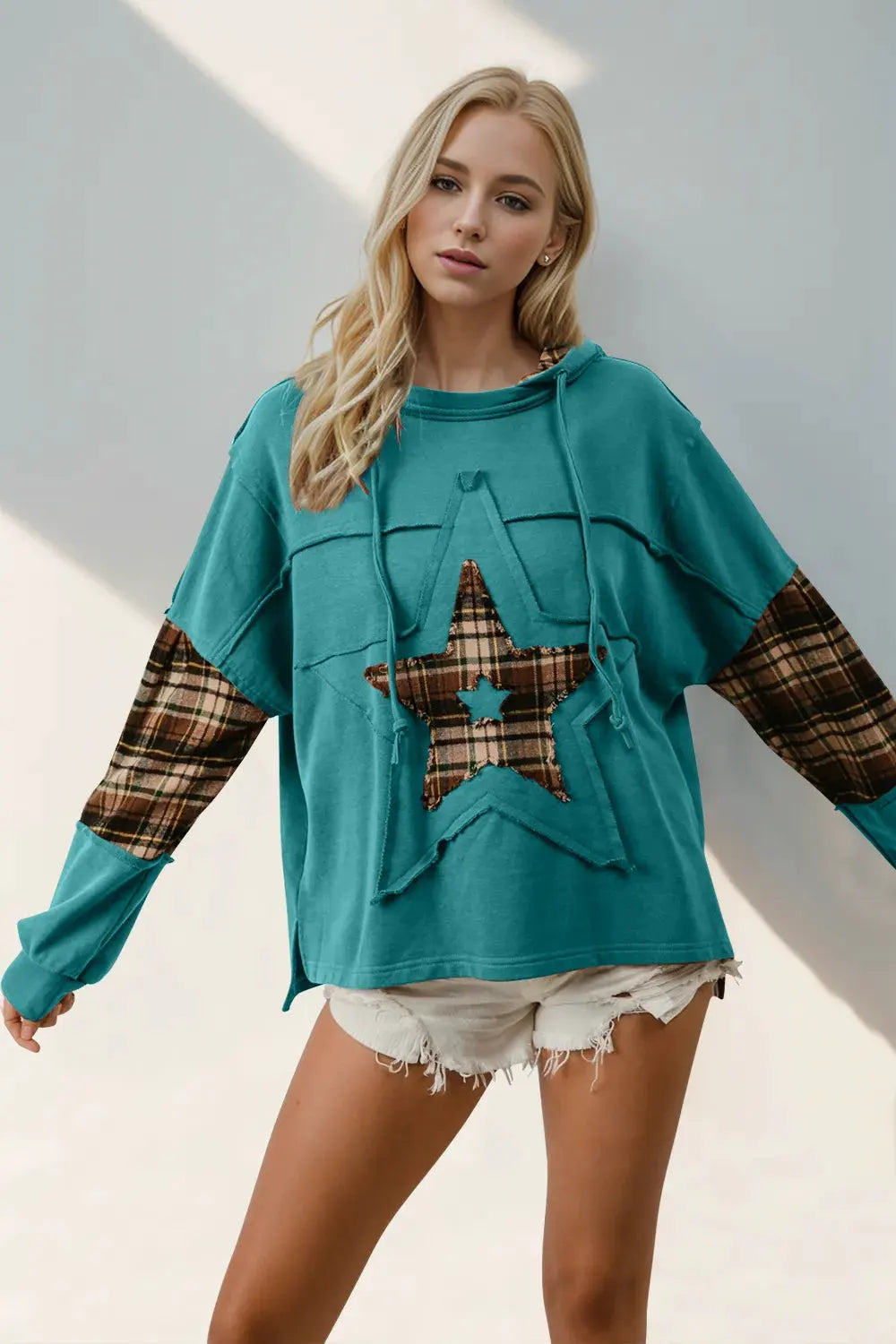 Double Take Drawstring Plaid Star Patch Long Sleeve Hoodie by Partner Label