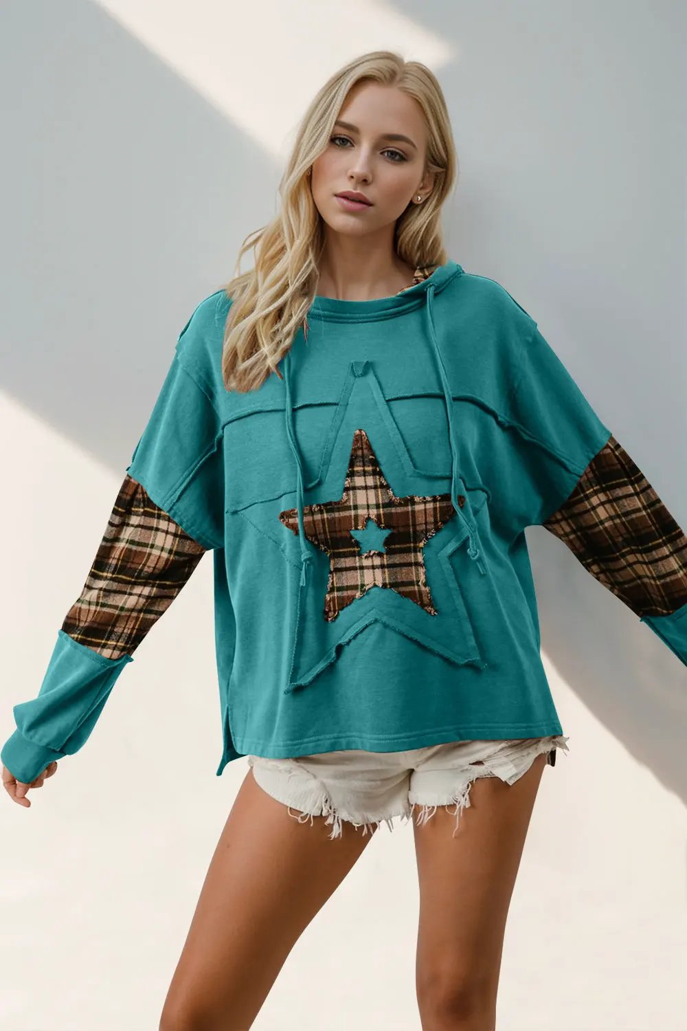 Double Take Drawstring Plaid Star Patch Long Sleeve Hoodie by Partner Label