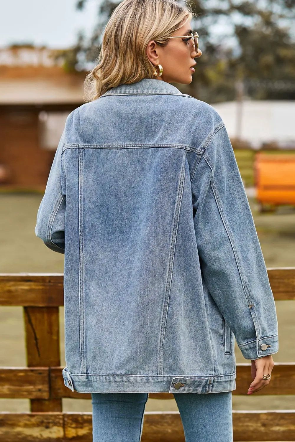 Buttoned Collared Neck Denim Jacket with Pockets by Partner Label