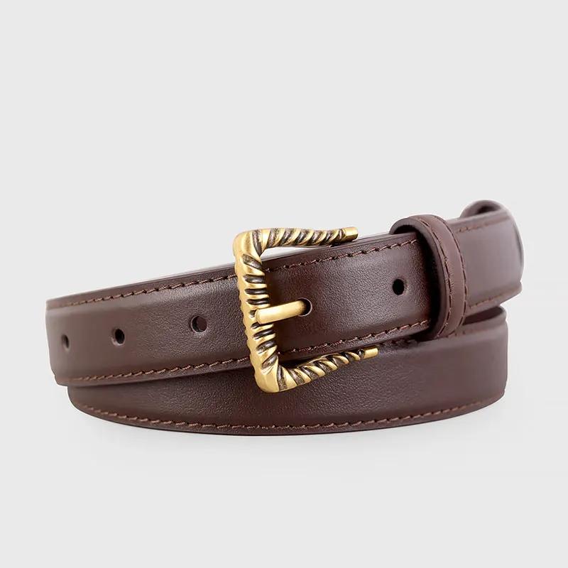Leather Belt with Textured Gold Buckle by Trendsi