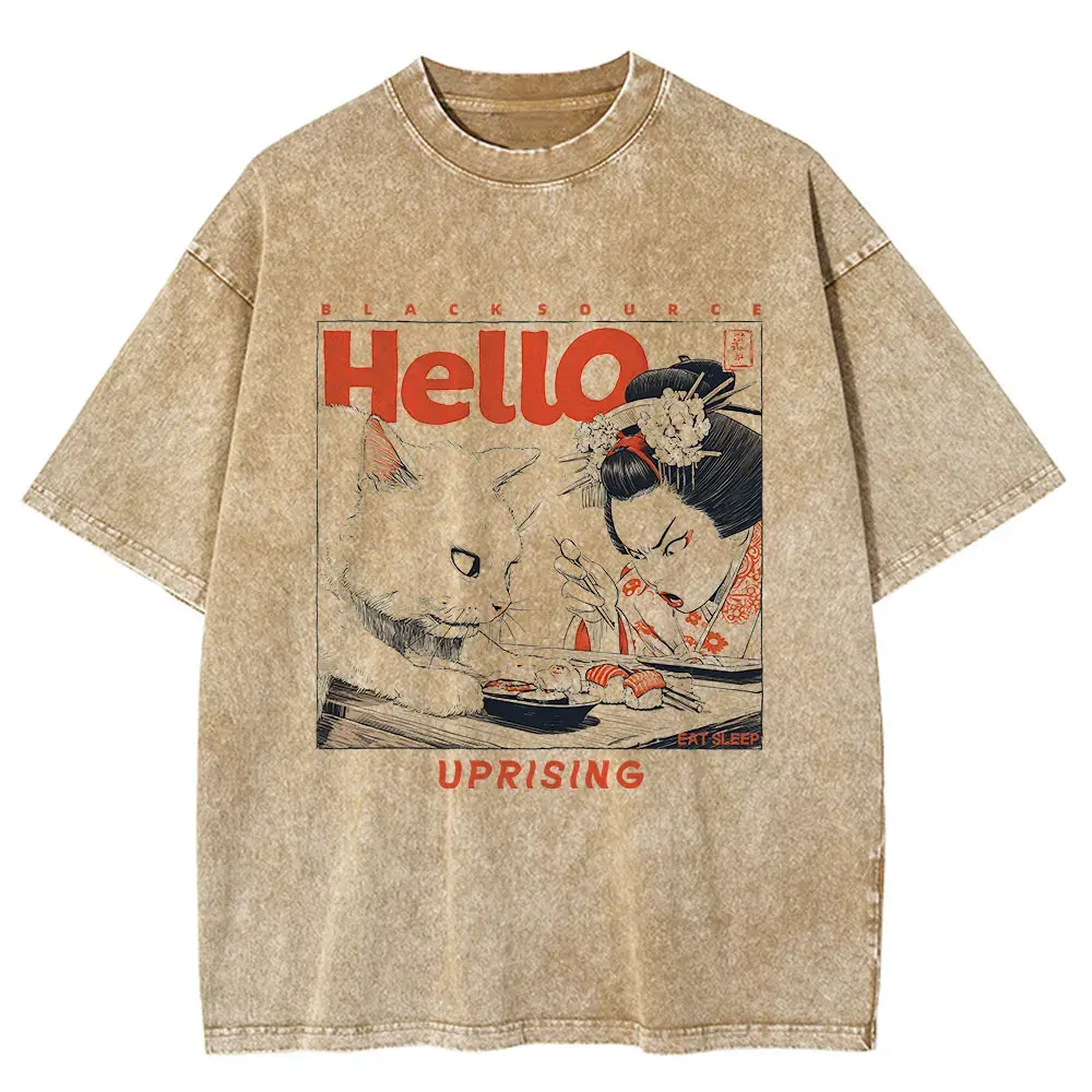Funny Japanese Cat Print Vintage Cotton T-Shirt by Vimost Shop