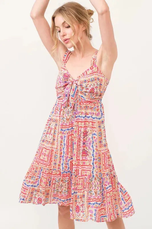 And The Why Tied Front Smocked Back Tiered Boho Printed Dress by And The Why