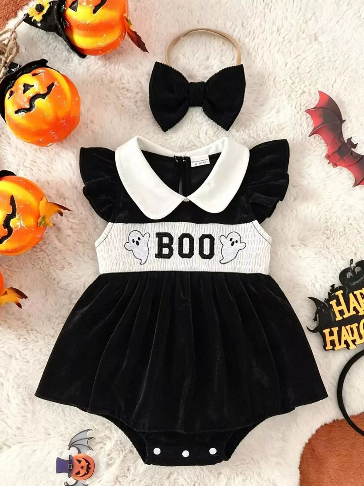 Children's Halloween 'BOO' Ghost Velvet Bodysuit Dress and Bow Headband Set by Trendsi