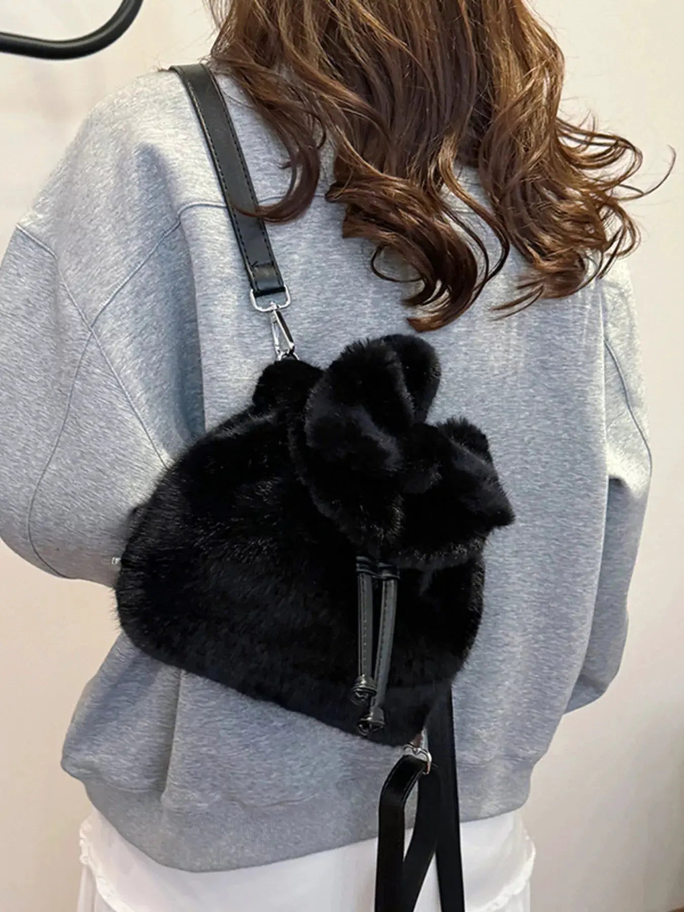 Fuzzy Plush Drawstring Backpack Bag by Partner Label