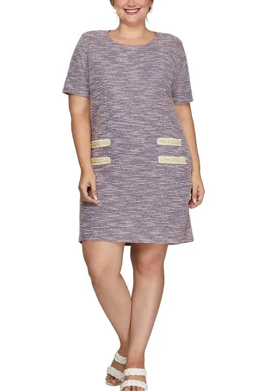 She + Sky Full Size Short Sleeve Pearl Studded Trim Knit Tweed Dress Plus Size by She + Sky