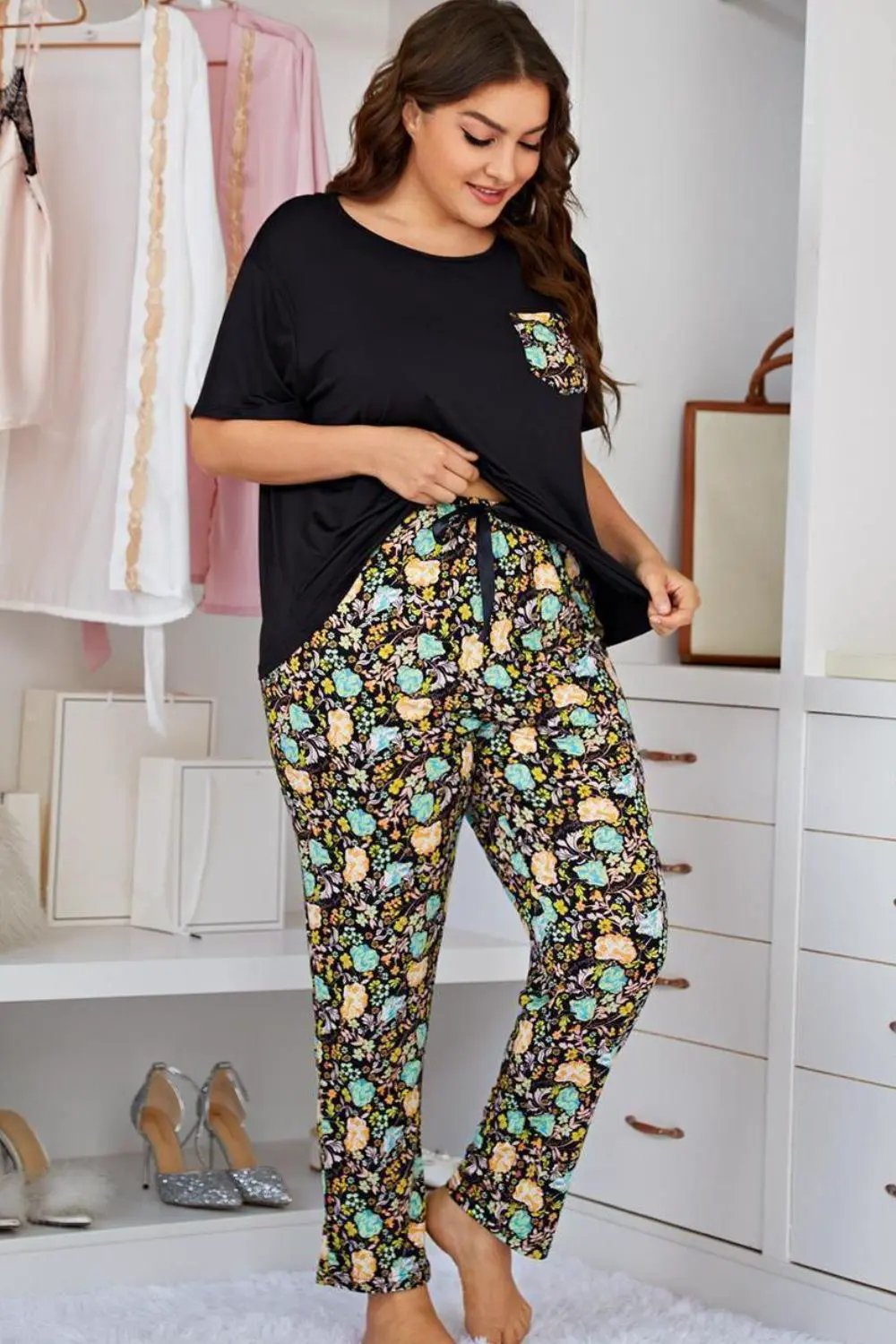 Plus Size Contrast Round Neck Tee and Floral Pants Lounge Set by Partner Label
