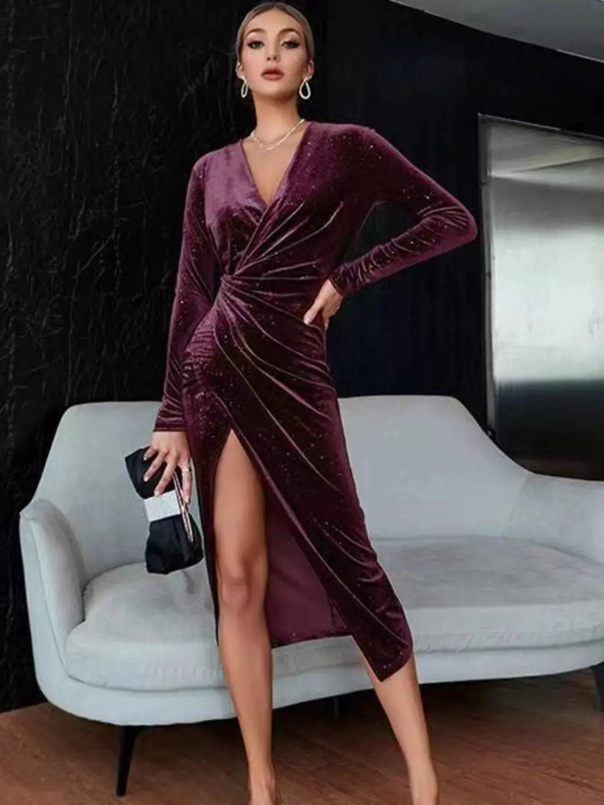 Velvet Ruched Slit Midi Dress by Equanimity Essence