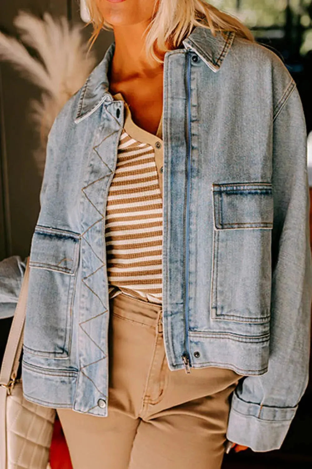 Zip Up Drop Shoulder Denim Jacket by Partner Label