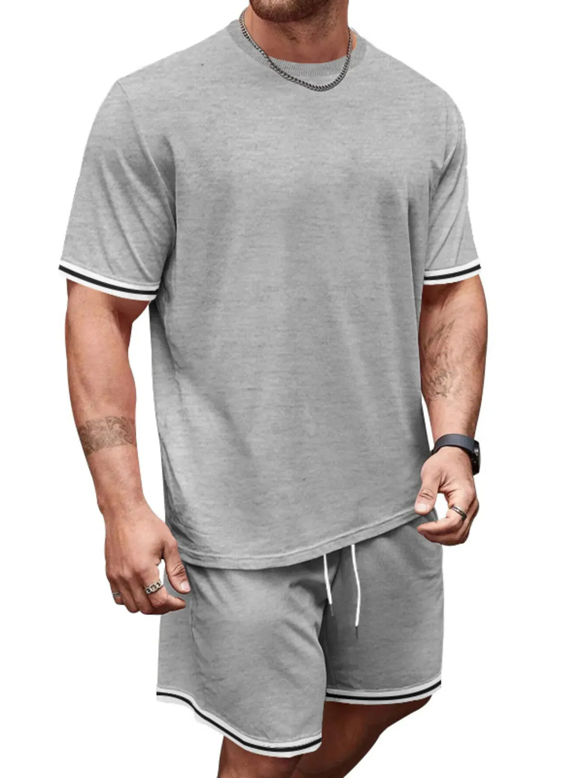Men's Full Size Striped Short Sleeve Tee and Shorts Set Plus Size by Trendsi