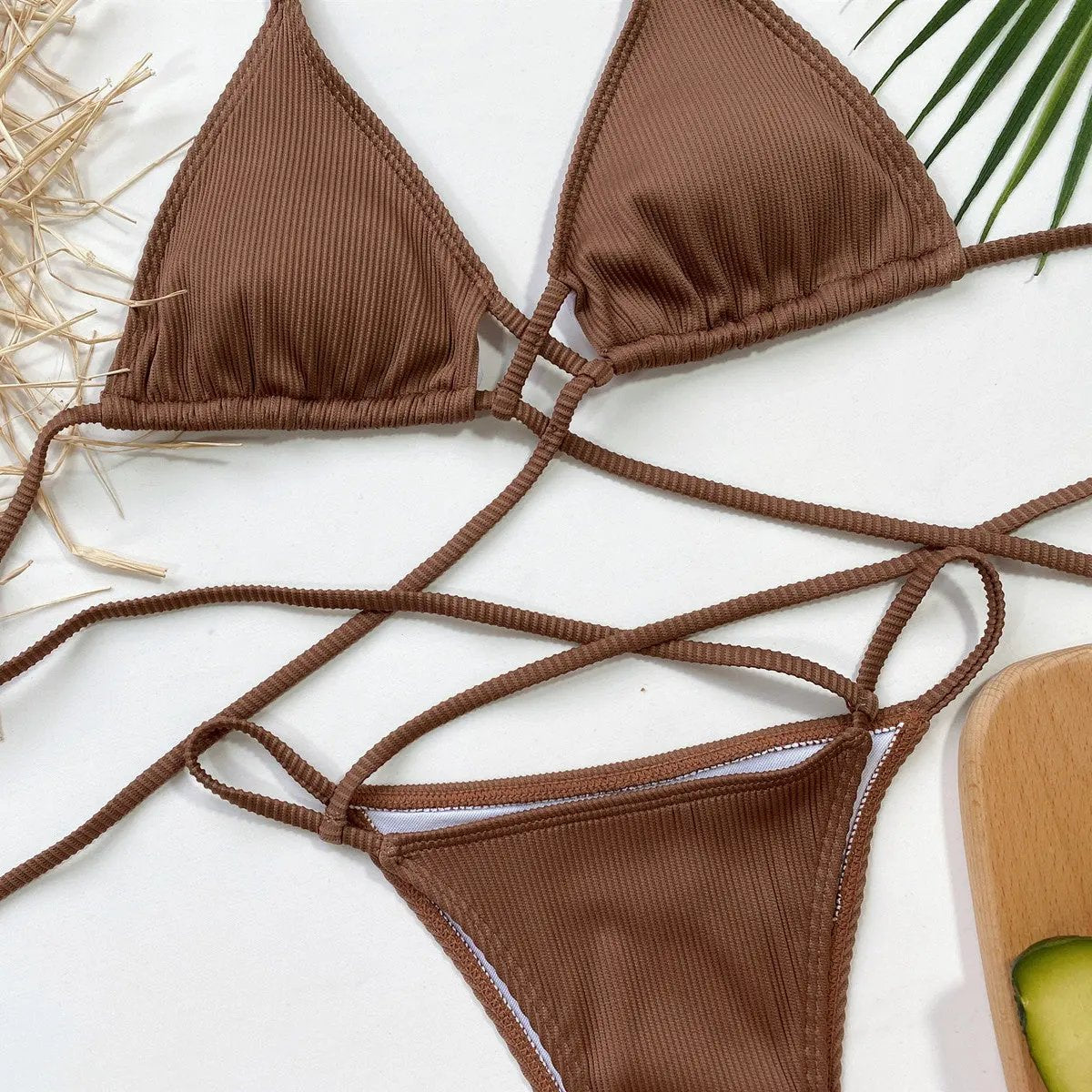 Halter Neck Crisscross Ribbed Bikini Set by Partner Label