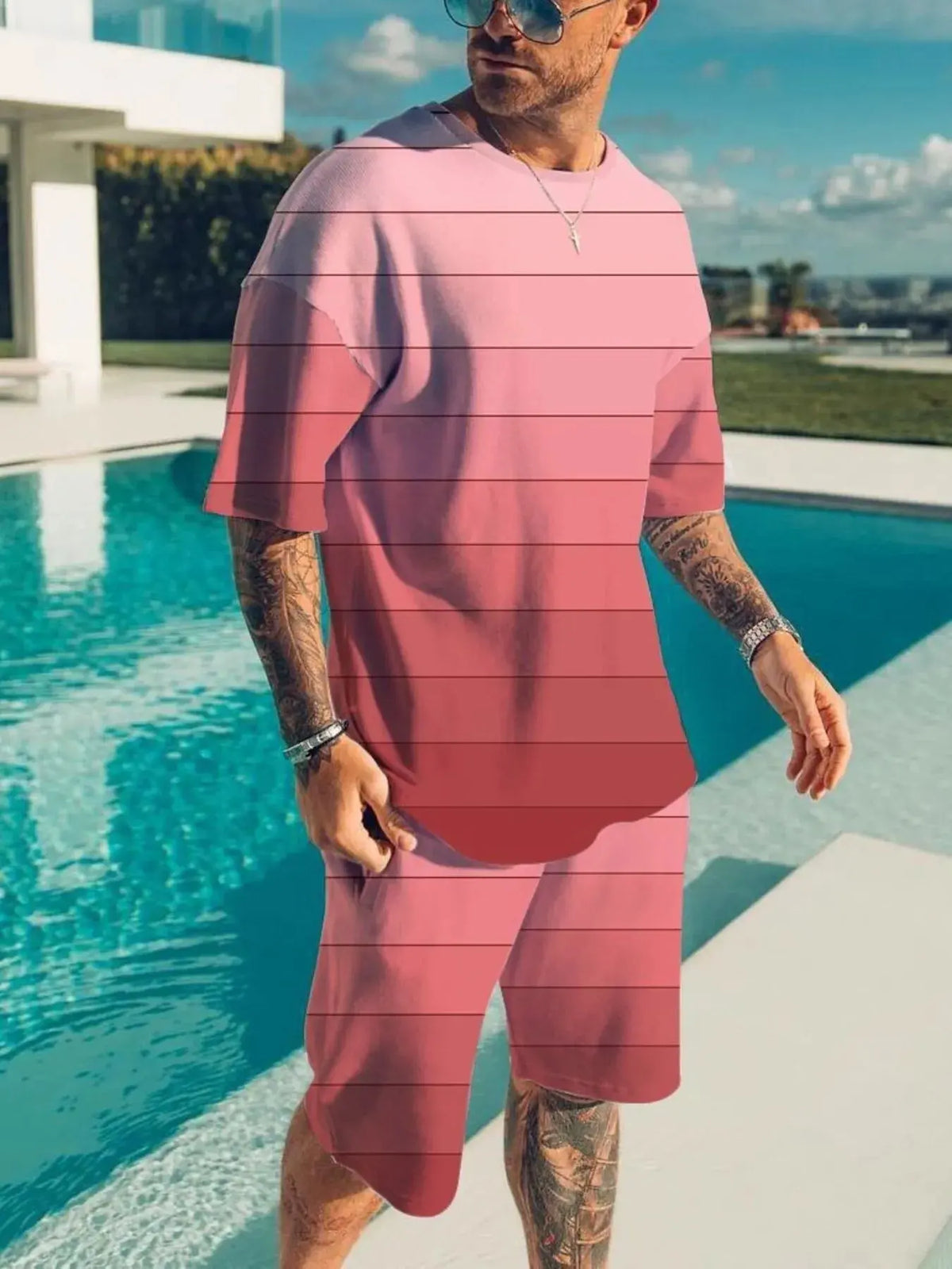 Men's Full Size Color Block Tee and Shorts Set Plus Size by Trendsi
