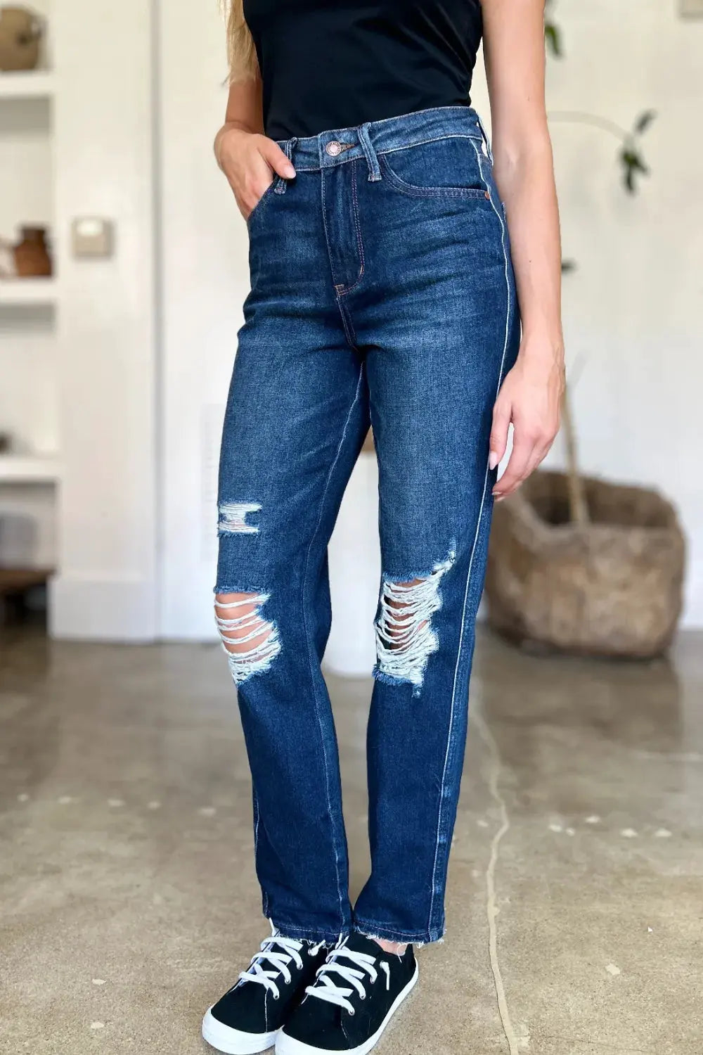 Judy Blue Full Size High Waist Rigid Magic Heavy Destroy Straight Jeans by Judy Blue