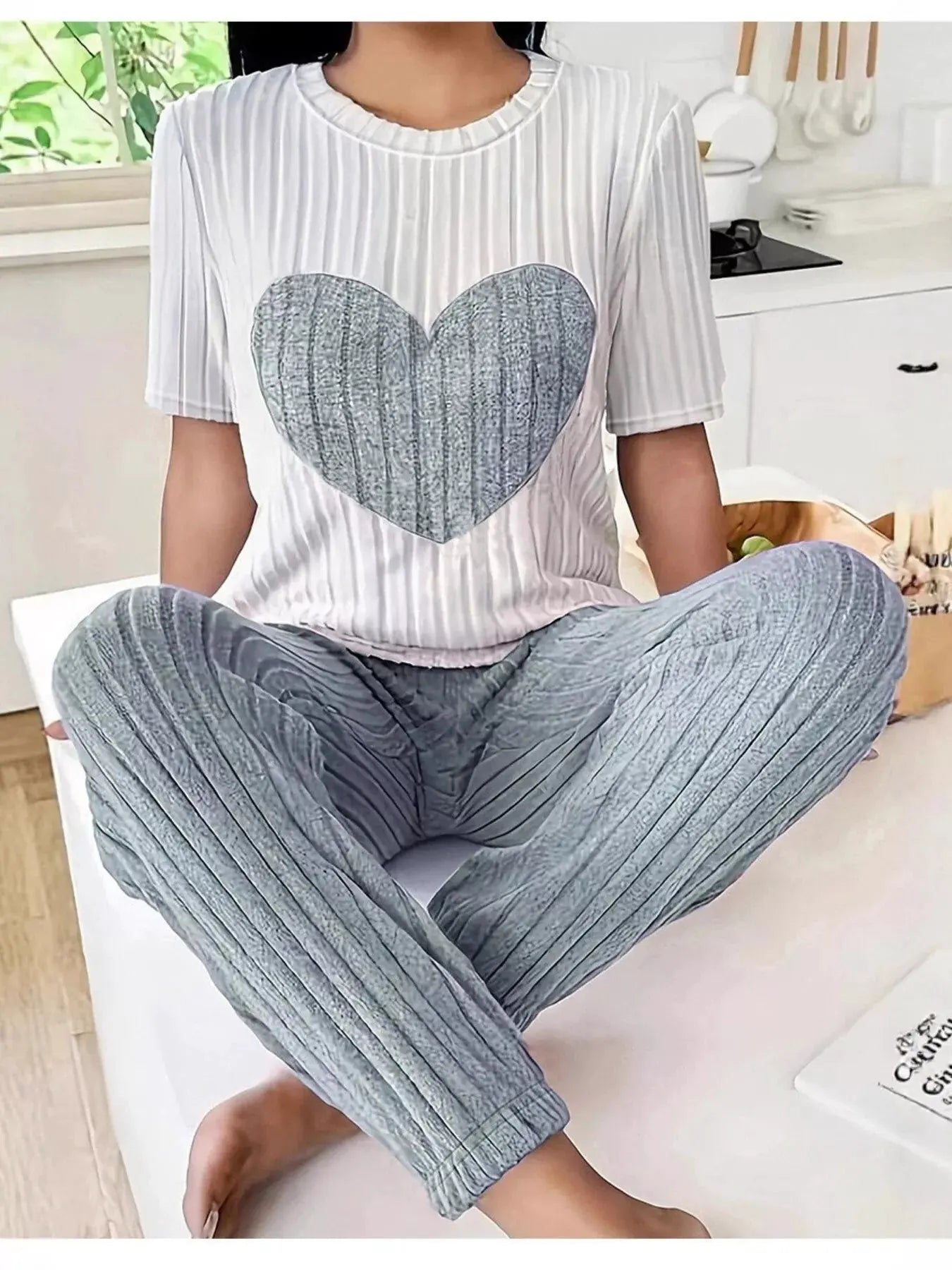 Heart Ribbed Knit Top and Pants Lounge Set by Partner Label