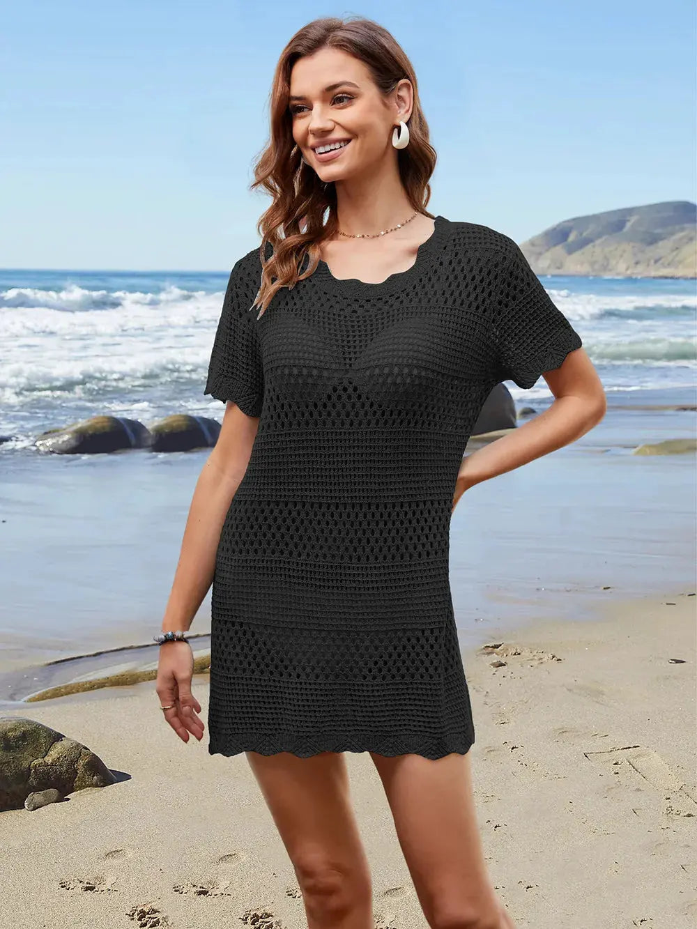 Openwork Round Neck Short Sleeve Cover-UP by Partner Labels