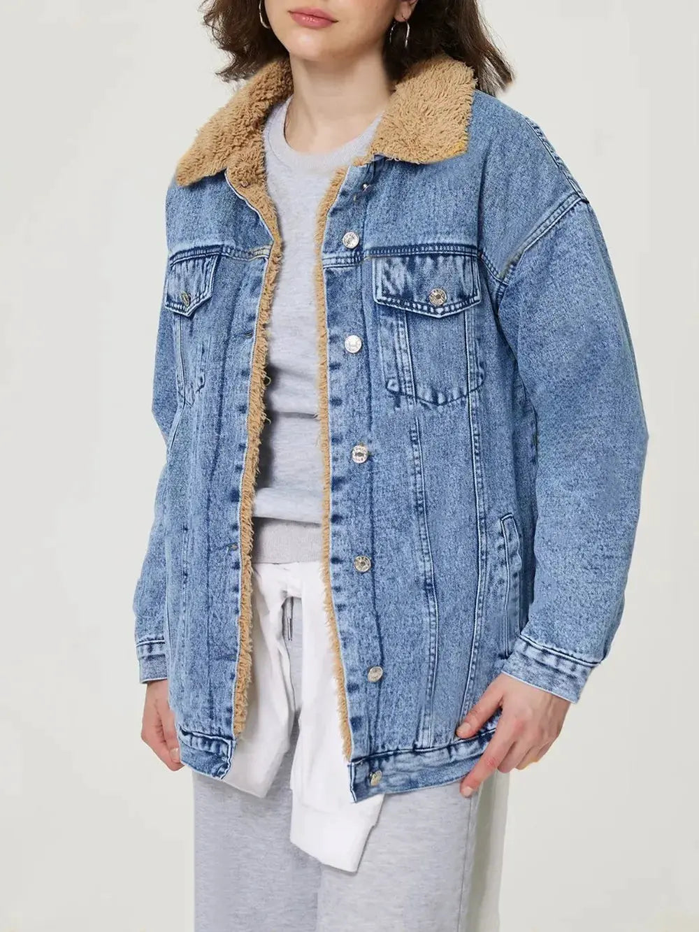 Button Up Collared Neck Plush Denim Jacket by Partner Label