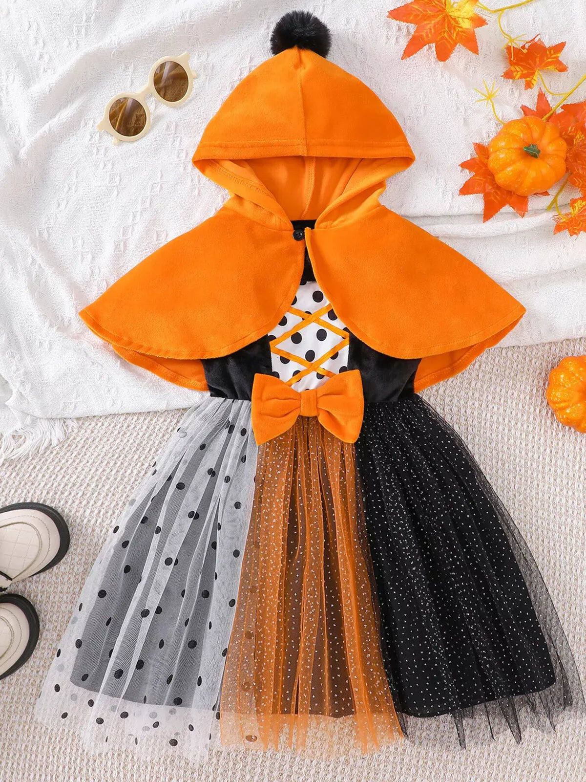 Children's Halloween Pumpkin Hooded Cape and Polka Dot Tulle Dress Set by Trendsi