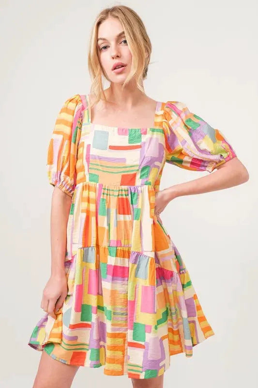And The Why Square Neck Puff Sleeve Geo Printed Mini Dress by And The Why