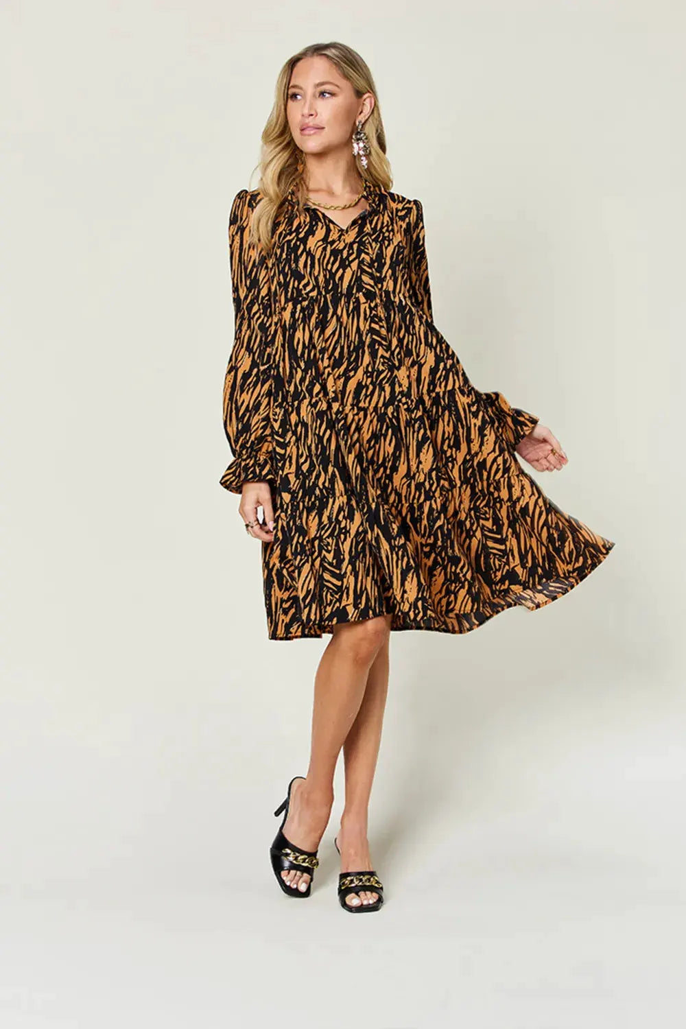Double Take Full Size Printed Ruffle Hem Long Sleeve Dress by Double Take