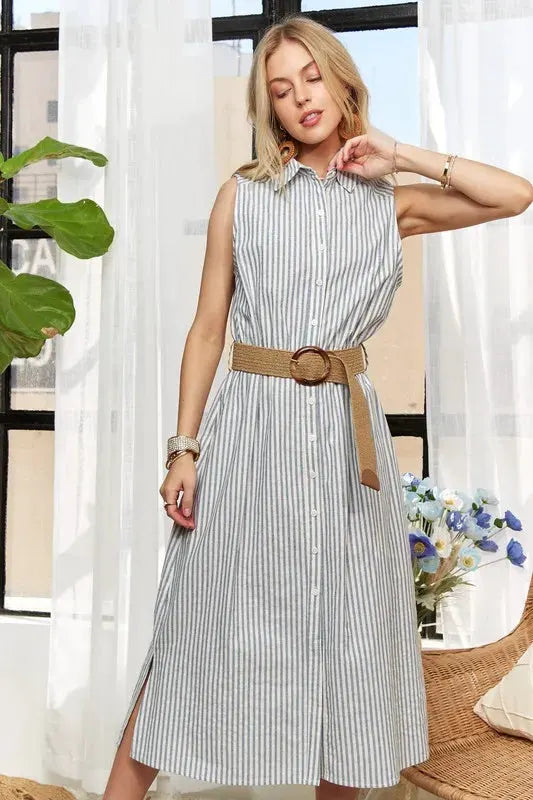 ADORA Striped Button Down Sleeveless Midi Dress by ADORA