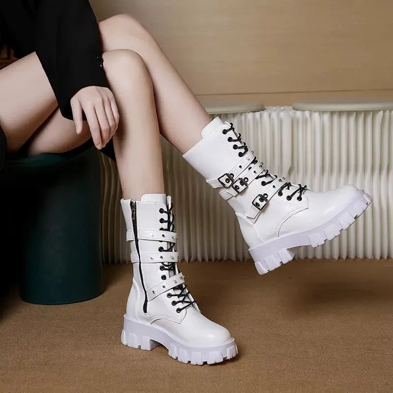 Buckled Lace-Up Combat Boots by Partner Label