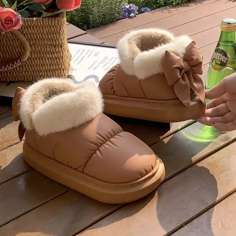 Winter Women Cute Warm Ankle Boots Outdoor Non-slip Thick Sole Snow Boots Furry Bow Cotton Shoes Men Pu Waterproof Plush Boots by Maiden-Art