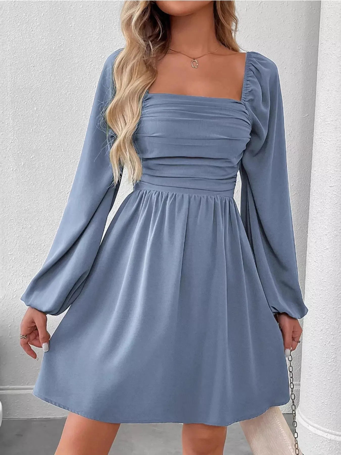Ruched Square Neck Long Sleeve A-Line Dress by Partner Label