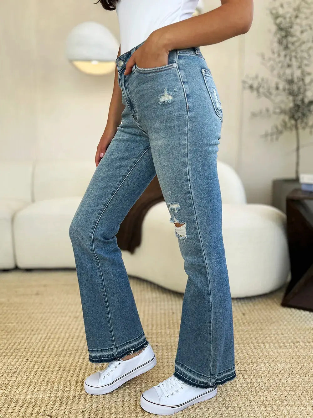 Judy Blue Full Size Mid Rise Destroyed Hem Distressed Jeans by Judy Blue