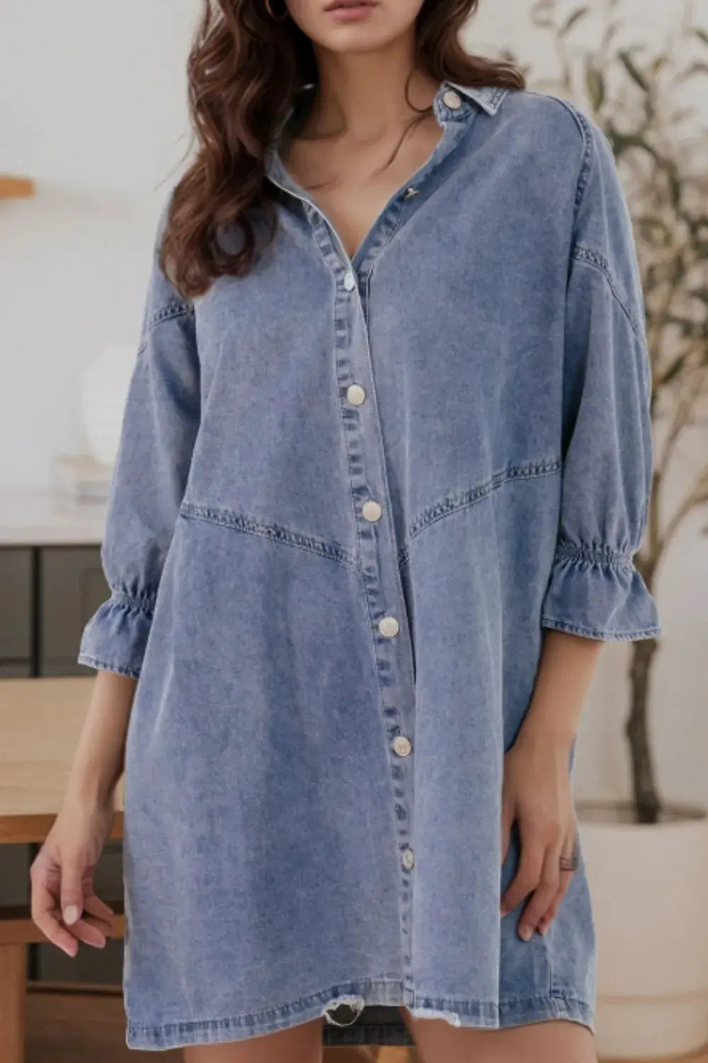 Distressed Collared Neck Flounce Sleeve Denim Dress by Partner Label
