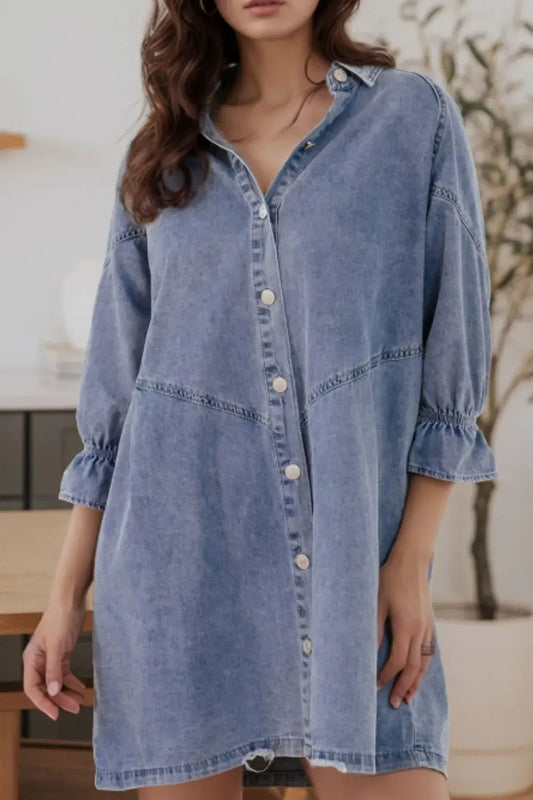 Distressed Collared Neck Flounce Sleeve Denim Dress by Partner Label