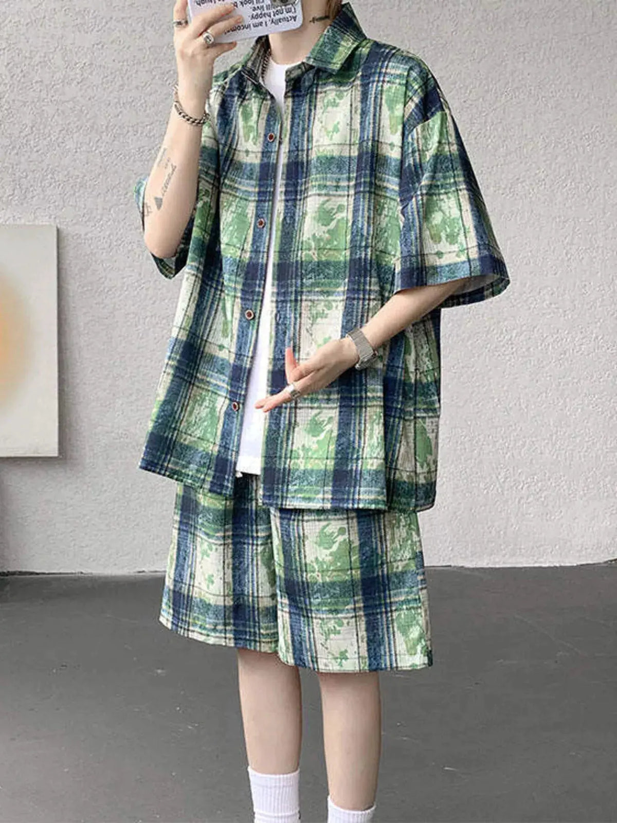 Men's Plus Size Casual Plaid Print Shirt & Shorts Set by Trendsi